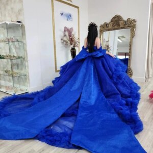Blue Sparkly Princess Quinceanera Dresses Off Shoulder Applique Lace Beads Tull Tiered Corset vestidos de xv años Sweet 15 Prom