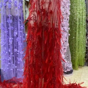 Red African 3D Feather Lace Fabric High Quality Embroidery French Beads Sequins Lace Fabric For Nigerian Wedding Party Dresses