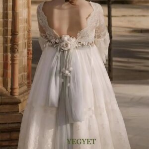 Customized Spectacular Communion Dress Empire Cut Sheer Embroidery V-Back French Sleeves and Double Skirt Flower Girl