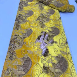 African Velvet Lace Fabric 2024 High Quality Lace 5 Yards Yellow Nigerian Velvet Lace Fabric Women For Wedding Party Dress Cloth