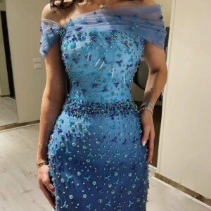 BABYONLINE Customized Evening Dress Off-shodler Featured Glitter Beading Jewel Stones Muslim Sheath Mermaid Floor-length Gown