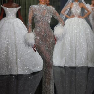 Sparkly Beaded Sheath Long Evening Dress With Feathers Illusion Long Sleeve Prom Dresses Customized Fashion Wedding Party Gown