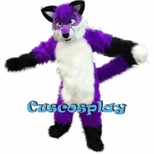Christmas Purple Long Fur Furry Fox Wolf Husky Dog Mascot Costume Fursuit Adult Cartoon Annual Celebration Amusement Park