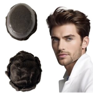 Brazilian Human Hair Systems 3# Brown Color 8×10 AUS Toupee 32mm Wave Center Lace with Poly Skin Perimeter Unit for European