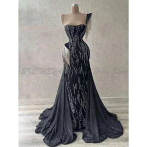 Black Mermaid Evening Strapless Sleeveless Sequins Beaded 3D Lace One Shoulder Tassel Side Slit Appliques Prom Dresses Gowns