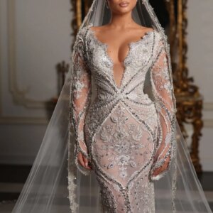 Classic long-sleeved Wedding Dress 2025 Romantic Deep V-neck Bridal Gown Shiny A-line Floor-length Gown Customized