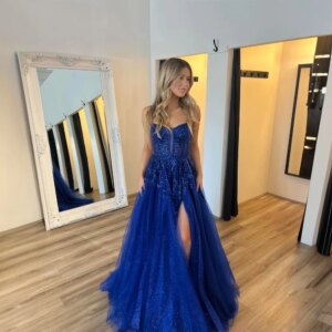 Spaghetti Straps Beaded Sparkly Applique Prom Dress for Women A-line Tulle Court Side Split Party Evening Gown robe de mariée