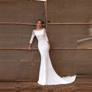 Simple Wedding Dresses Woman’s Mermaid Sexy Boat Neck Appliques Long Sleeve Bridal Gowns Satin Princess Vestidos Robe De Mariée