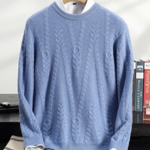 Thicken 100%Pure Goat Cashmere Sweater Men’s O-Neck Knitted Pullover Fashion Jacquard High-End Tops Winter New Cashmere Clothing