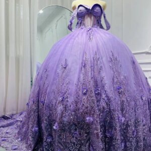 AAQ92 Customized Real Picture Lilac Women Party Prom Dresses Off Shoulder Flower Ball Gown Sweep Train Vestido De 15 Quinceanera