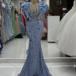 Elegant Blue Ruffled Puffy Shoulder Mermaid Party Dress Beads Crystal Evening Prom Event Dresses Arab Formal Customized Wedding