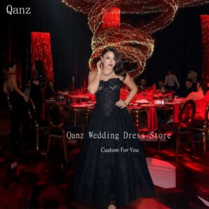 Qanz Black Full Lace Appliques Wedding Party Dress A Line Ankle Length Evening Dresses Sexy Backless Prom Dresses Customized