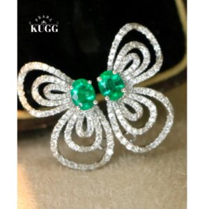 KUGG 100% 18K White Gold Earrings Elegant Butterfly Shape Luxury Diamond Natural Emerald Stud Earrings for Women Fine Jewelry