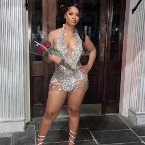 Silver Bead Crystal Prom Dresses Short Halter Rhinestone Birthday Luxury Dress Black Girl Mini Cocktail Homecoming Customized
