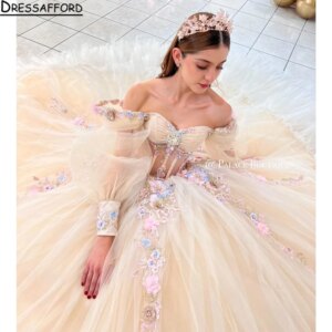 Champagne Sweetheart Quinceanera Dress Off Shoulder Long Sleeved Beading Floral Applique Vestidos De 15 Anos Ball Gown