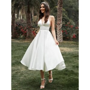 Elegant Deep V-Neck A-line Satin Spaghetti Strap Above Knee Modern Sleeveless Evening Dresses For Women 2025 Prom Dress