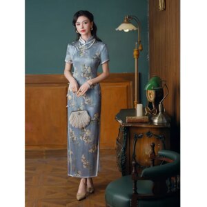 High Quality 2024 Improved Cheongsam Women’s Summer Young Retro Real Silk High-Grade Dress Blue