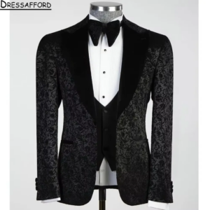 Black Sanding Jacquard Weave Men Suits Jacquard Weave Three Pieces Groom Wear ( Jacket + Vest + Pants )