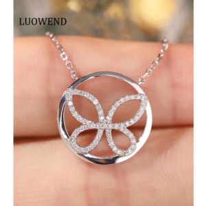 LUOWEND 100% 18K White Gold Necklace Elegant Romantic Style Real Natural Diamond Pendant Necklace for Women High Birthday Gift