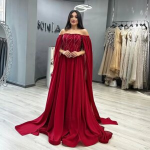 Elegant Long Evening Dresses Red Off the shoulder Sequins Satin Strapless A-line Prom Gown Formal Party Vestidos De Noche Custom