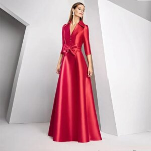 Elegant A Line V Neck Mother of the Bride Dresses Floor Length Bow 3/4 Slevees Wedding Guest Gowns Party Dress