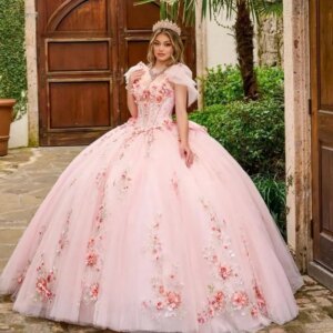 Customized pink Cap Sleeves Corset Quinceanera Dresses 3D Flower Ball Gown Lacing up Cape Bow Vestidos De 15 Quinceanera