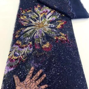 African Lace Fabric 5 Yards Embroiderd NigerianBead Lace Fabric 2025 High Quality Laces Groom Tulle French Lace For Dress W495-1