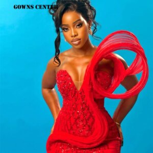 Unique Design Red Beaded Aso Ebi Mermaid Prom Dress Pleat African Evening Party Gowns Luxury Dresses Women 2025 Customized
