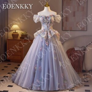 EOENKKY Gorgeous Prom Dresses Luxury 2025 Off Shoulder Floral Embroidered Sparkly Ball Gown Tulle Evening Party Dress Customized