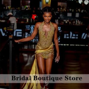 Sparkly Gold Diamonds Prom Dress For Black Girl Beaded Crystal Birthday Party Dresses Side Train Cocktail Gown Customized