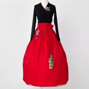 Black Top and Red Skirt Slim Fit Hanbok Traditional Korean Clothing