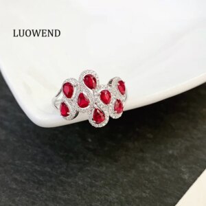 LUOWEND 100% 18K White Gold Rings Shiny Diamond Natural Ruby Engagement Ring Luxury Fashion Design High Party Jewelry for Women
