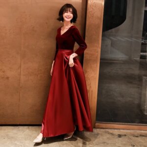 Wine Red Evening Dress Female 2025 New V-neck Cropped Sleeve Pleated A-line Skirt  Formal Dress Women Elegant Evening Dresses