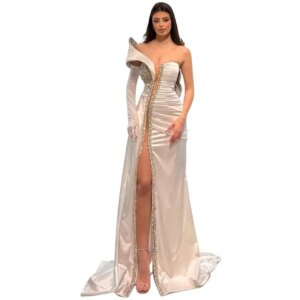 One Shoulder Evening Dresses for Women Sequined Side Slit Maxi Gown Party vestido de novia Pleat Satin Prom Dress Customized