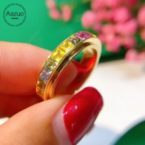 Aazuo 18K Yellow Gold Natrual Different Color Sapphire Rotatable Rainbow Ring Gifted For Woman Wedding Day Deluxe Banquet Party