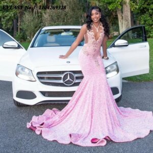 EVLAST Customized Sexy Pink Mermaid Prom Dress For Black Girls Sequins Diamonds Beaded African Women Formal Party Gown E3P175