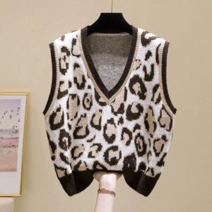 Leopard Sweater Vest Spring Autumn V-neck Knitting Tank Top Korean Pullover Sweater Women Clothing All-match Sleeveless Top Tee