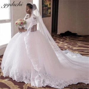 Elegant Appliques Lace Tulle Tank V-neck Ball Gown Wedding Dresses For Women 2025 Court Train Bride Gown vestidos de novia