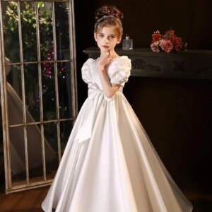 Pearls Princess Pageant Dress with Bow-Knot Satin First Communion Dress Flower Girl Dresses for Wedding girls party dress