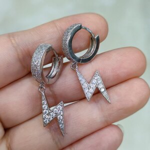 20mm Lightning Shape S925 Silver Ear Studs with D VVS White Moissanite Stone Jewelry Gift for Women