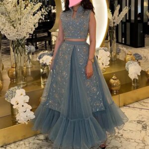 Customized Dress Elegant Vintage Sweet Blue Beads Ribbon Classic Customize Formal Occasion Prom Dress Evening Party Go