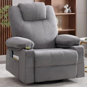 Swivel Rocker Recliner Chair with Heat and Massage, 360 Degree Swivel Rocking Single Sofa with Cup Holders and USB Port(Grey)