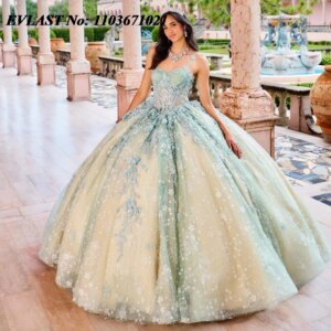 EVLAST Customized Sage Ball Gown Quinceanera Dress 3D Floral Lace Applique Beading With Cape Sweet 16 Vestidos De XV Anos SQ266