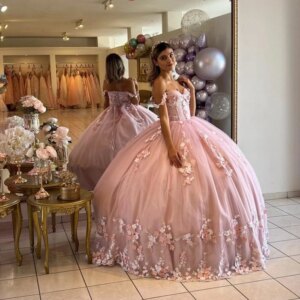 Pink Princess Quinceanera Dresses Ball Gown Off The Shoulder Tulle Appliques Sweet 16 Dresses 15 Años Mexican Customized