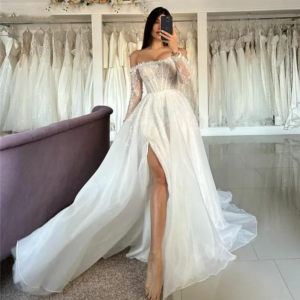 Elegant Wedding Dress A Line Wedding Dress Sexy Off Shoulder Backless Wedding Long Sleeve Side Split Bridal Dress Customized