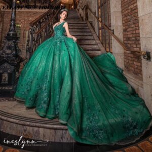 EVLAST Customized Princess Dark Green Quinceanera Dress Ball Gown Floral Applique Beading Sweet 16 Vestido De 15 Anos E3Q291