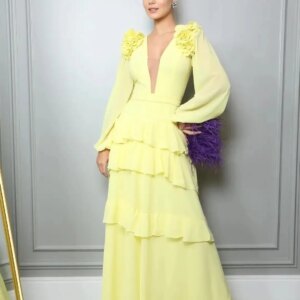 V-Neck Chiffon Prom Dresses Puff Long Sleeves Applique Floor-length Evening Dresses Vestidos De Fiesta Elegantes ParaMujerML-135