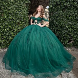 Customized Shiny green Off Shoulder Quinceanera Dress Lace sequin crystal Tull trailing vestidos de 15 Quinceanera