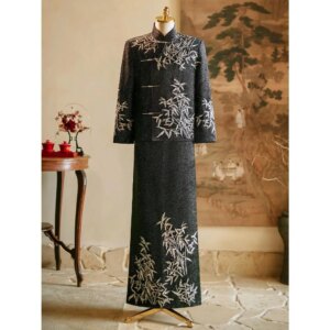 Chinese Style Bridegroom Jacket Tang Suit Clothes Wedding Toast Costumes Black Bamboo Embroidery Groom Long Gown Kimono