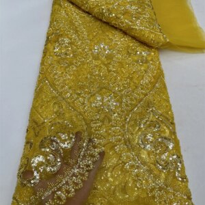 Luxury French Heavy Beaded Lace Fabric African Tulle Beaded Lace Fabric 2025 High Quality Nigerian Sequin Lace Fabric Dress Sewn